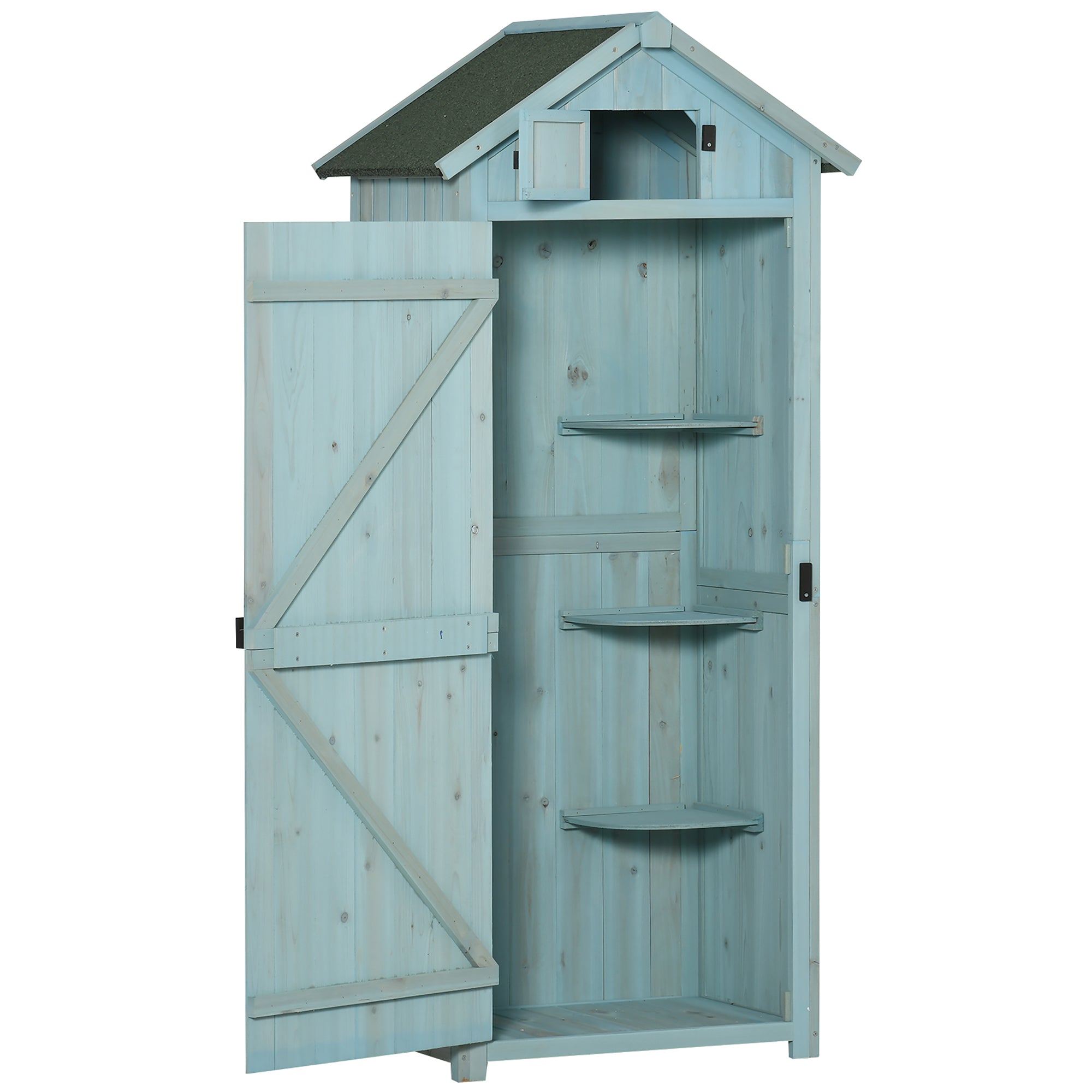 Blue garden cabinet with 3 shelves, fir wood, countryside style, raised base, ideal for outdoor storage and tool organisation.