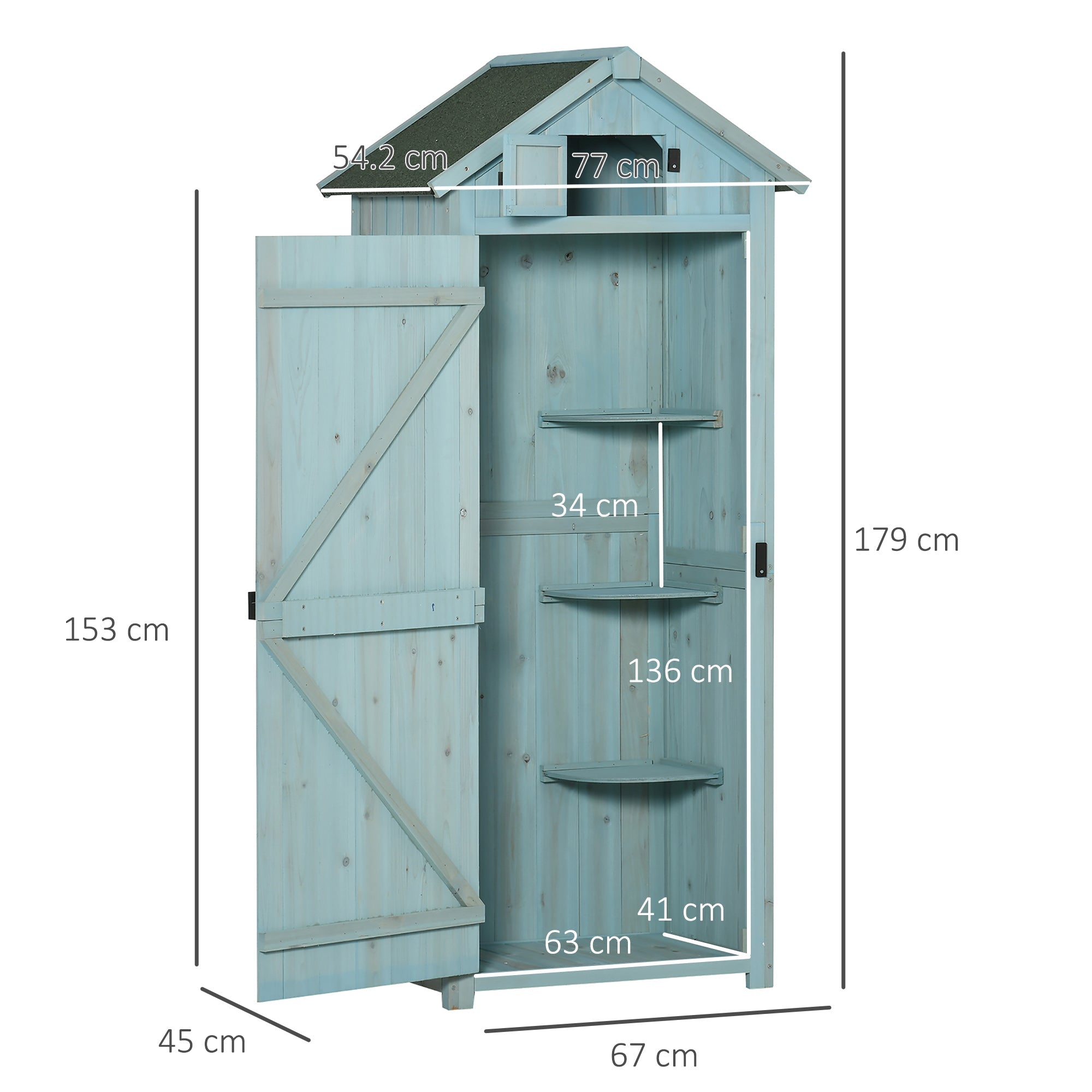 Blue fir wood garden cabinet with 3 shelves, raised base, shed-style storage for tools and outdoor rituals