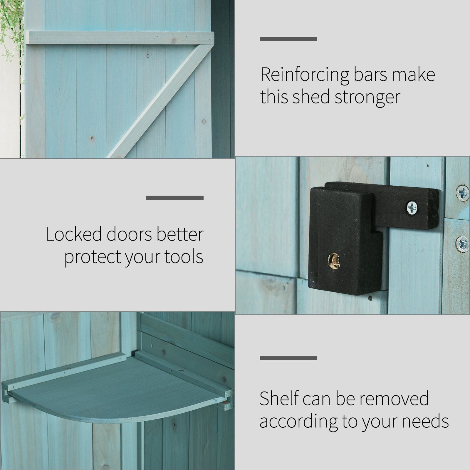 Blue fir wood garden cabinet with vertical frame, raised base, and reinforced shed-style structure