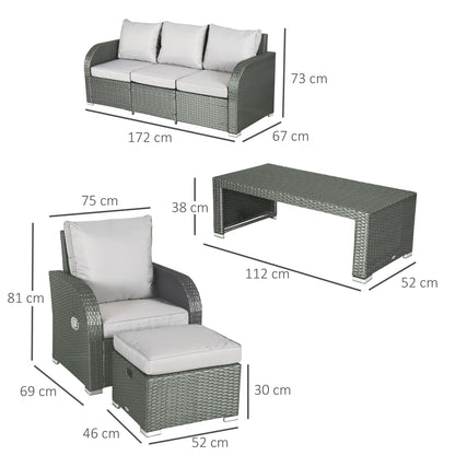 The Bramblefold Gathering – annotated diagram showing dimensions of 7-seater outdoor rattan furniture set in weathered grey, including sofa, chairs, table, and footstools