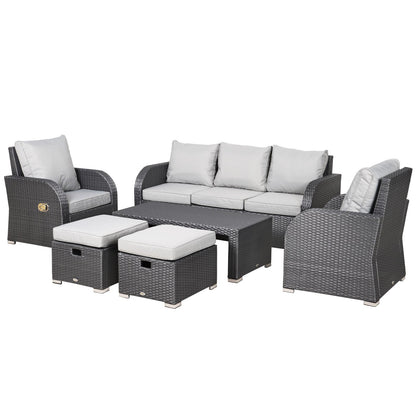 The Bramblefold Gathering – 7-seater outdoor rattan furniture set in weathered grey, featuring reclining chairs, footstools, and a matching table on a blank background