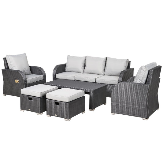 The Bramblefold Gathering – 7-seater outdoor rattan furniture set in weathered grey, featuring reclining chairs, footstools, and a matching table on a blank background