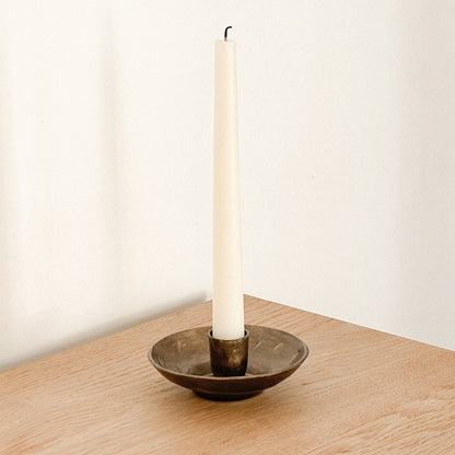 Brambourne candle holder in rustic iron with antique gold finish, low-profile design for mantel or table styling