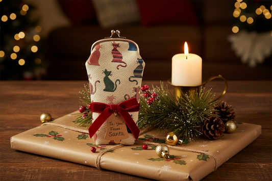 Cat’s Whiskers Glasses Pouch placed on wrapped gift with ribbon and tag reading To You from Santa