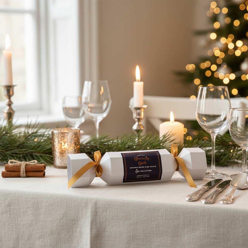 Christmas cracker with twelve lavender ylang ylang wax melts displayed on table for festive aromatherapy gift
