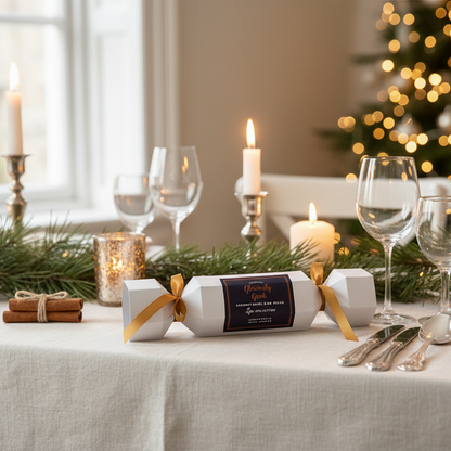 Christmas cracker with twelve lavender ylang ylang wax melts displayed on table for festive aromatherapy gift
