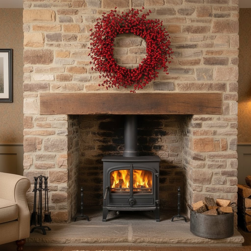 Large red berry Christmas wreath above country fireplace with wood burner and festive foliage