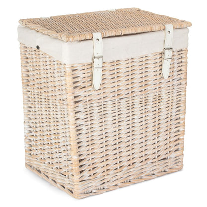 Closed Edith’s Washday Basket – white-washed wicker laundry hamper with hinged lid and faux leather straps, styled for timeless home organisation and vintage washday charm.