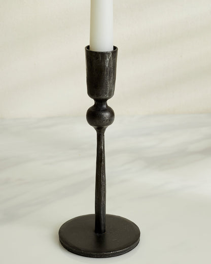 Close view of Coalbrook iron black candle holder showing matte black finish and solid iron form