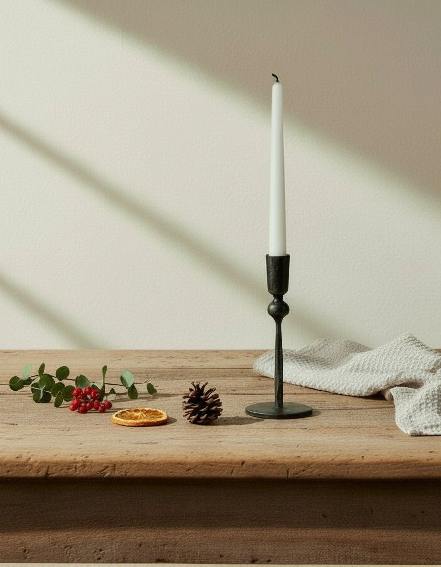 Coalbrook iron black candle holder on farmhouse table with tea towel and festive sprig