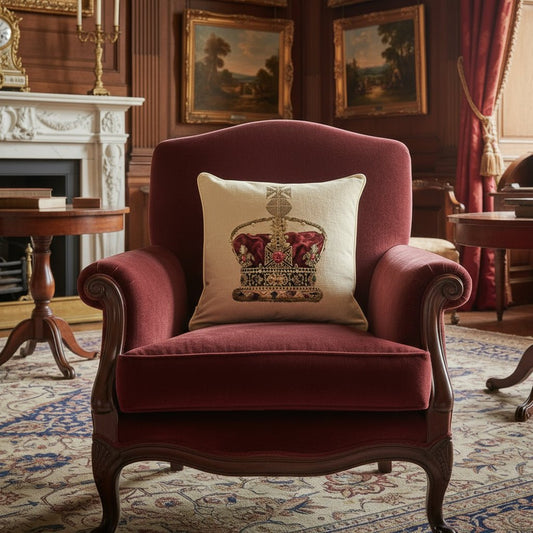 Crown Beige cushion cover in tapestry style, placed on regal chair in elegant drawing room, soft neutral tones