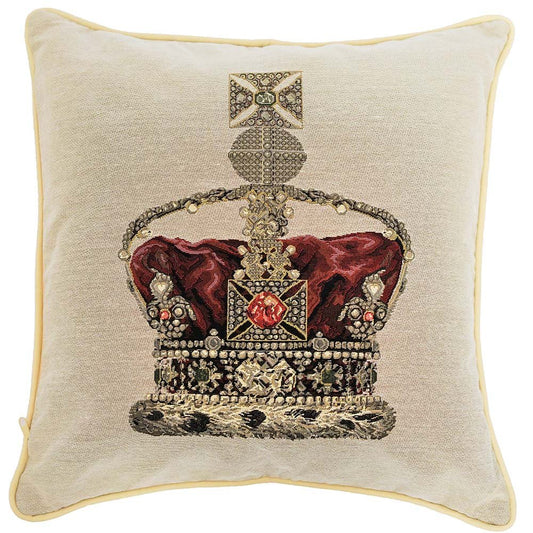 Crown Beige cushion cover in tapestry style, neutral tones, shown on blank background for traditional home styling