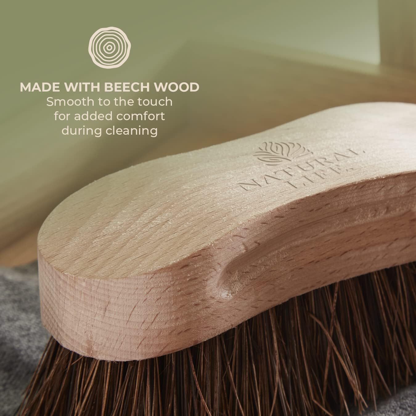 Close-up of eco floor cleaning set showing sustainably sourced beech wood handle and soft natural bristles for gentle home care