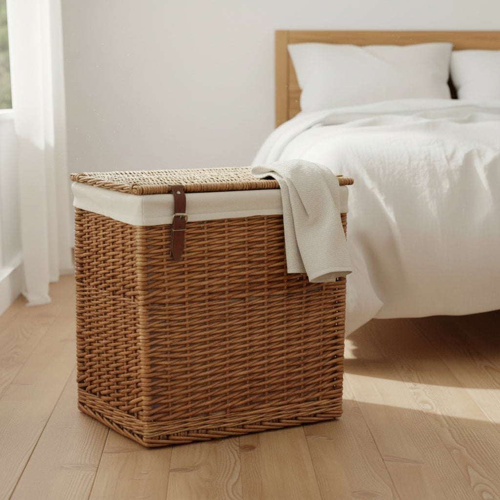 Edwin willow laundry hamper with cotton lining placed at the bottom of the bed

