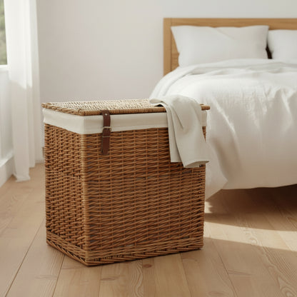 Edwin willow laundry hamper with cotton lining placed at the bottom of the bed
