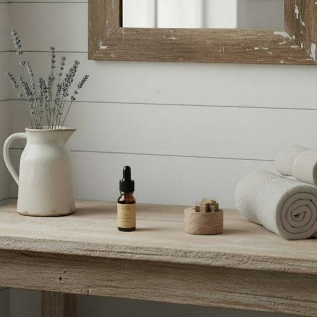 Elegant Wooden Fragrance Diffuser – Natural Calm on rustic bathroom vanity with mirror, jug vase, lavender, and towels
