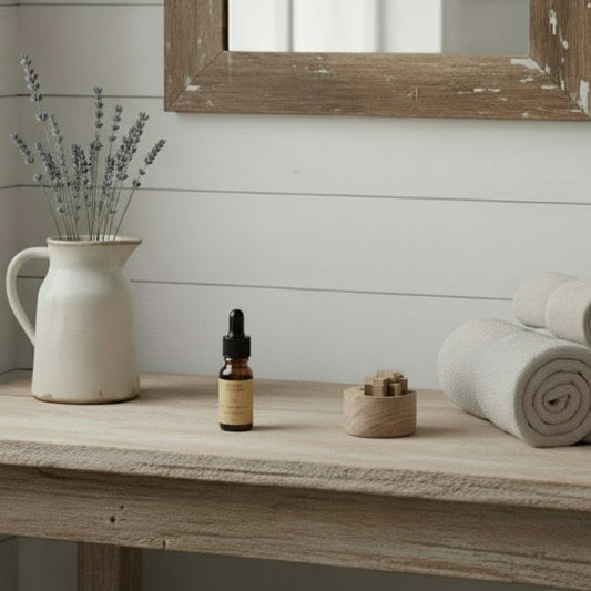 Elegant Wooden Fragrance Diffuser – Natural Calm on rustic bathroom vanity with mirror, jug vase, lavender, and towels

