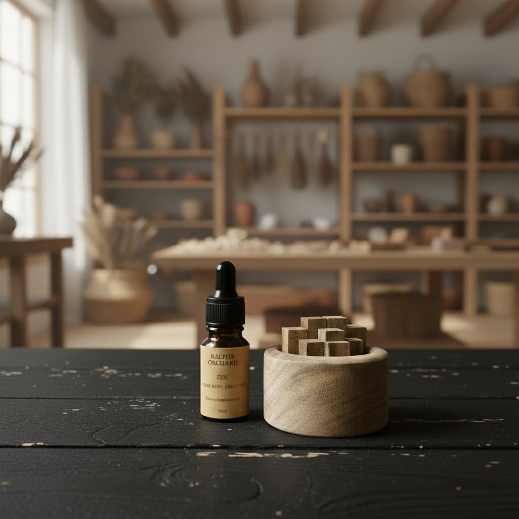 Elegant Wooden Fragrance Diffuser – Natural Calm on rustic black table in studio setting
