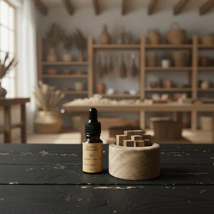 Elegant Wooden Fragrance Diffuser – Natural Calm on rustic black table in studio setting

