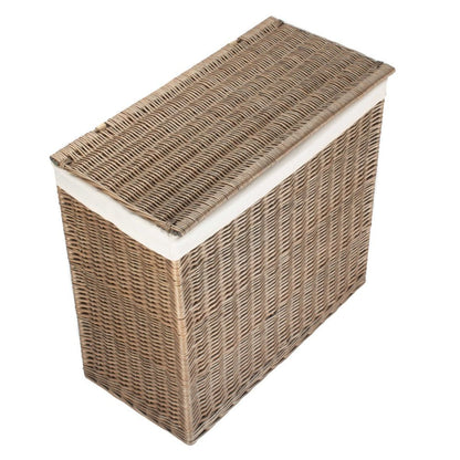 Side profile of large rectangular wicker laundry basket in rust beige, showing handwoven texture and partitioned interior from The Elmsmere collection