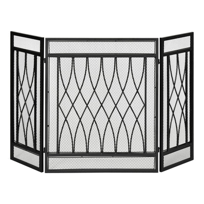 Emberfold 3-panel fireplace screen in matte black metal with curved mesh design, shown on blank background for clear view of structure and finish