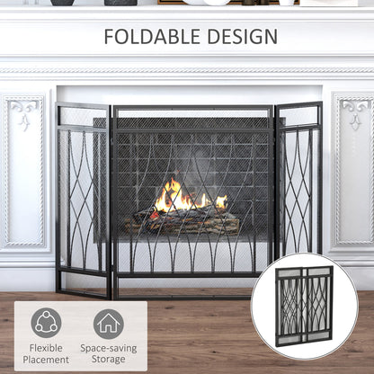 Emberfold fireplace screen with three hinged panels shown partially folded—crafted in matte black metal for easy placement, compact storage, and spark protection.