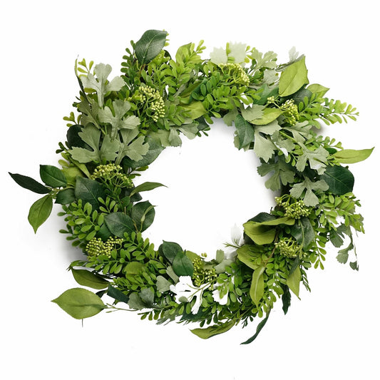 The Fern & Fable Wreath, 50cm diameter—artificial fern foliage in layered green tones with a natural woven base, styled in vintage botanical countryside charm.