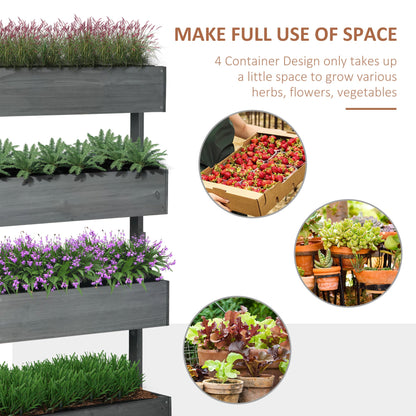 Four tier grey fir plant stand with herbs, trailing ivy, and seasonal blooms, styled in rustic country garden for poetic planting inspiration
