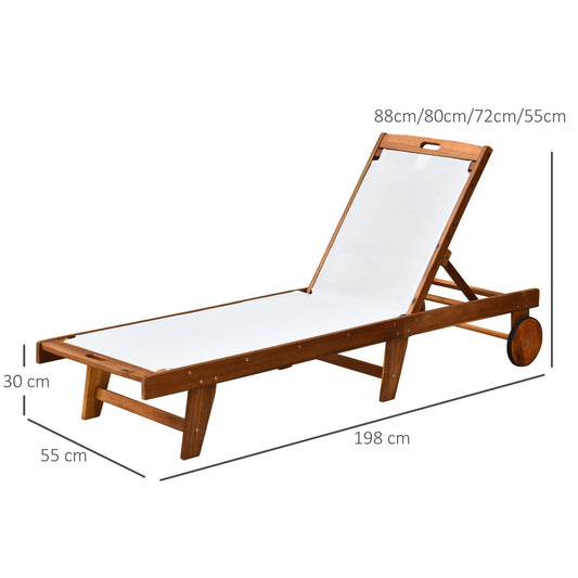 The Foxwell Orchard Recliner – annotated diagram showing dimensions of acacia wood outdoor sun lounger with adjustable backrest, ergonomic armrests, and foldable design