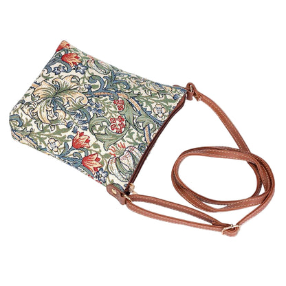 Golden Lily sling bag in William Morris tapestry shown lying flat with zip closure, vegan leather trim and floral pattern in warm tones