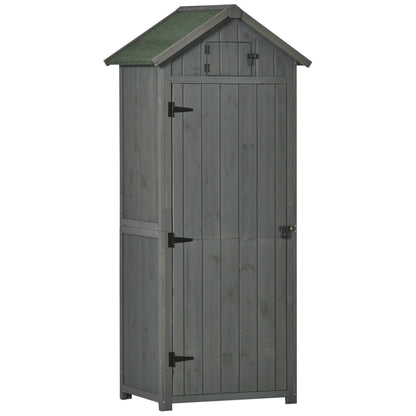 Grey fir wood garden cabinet with 3 shelves, shown on white background for rustic tool storage and countryside outdoor styling