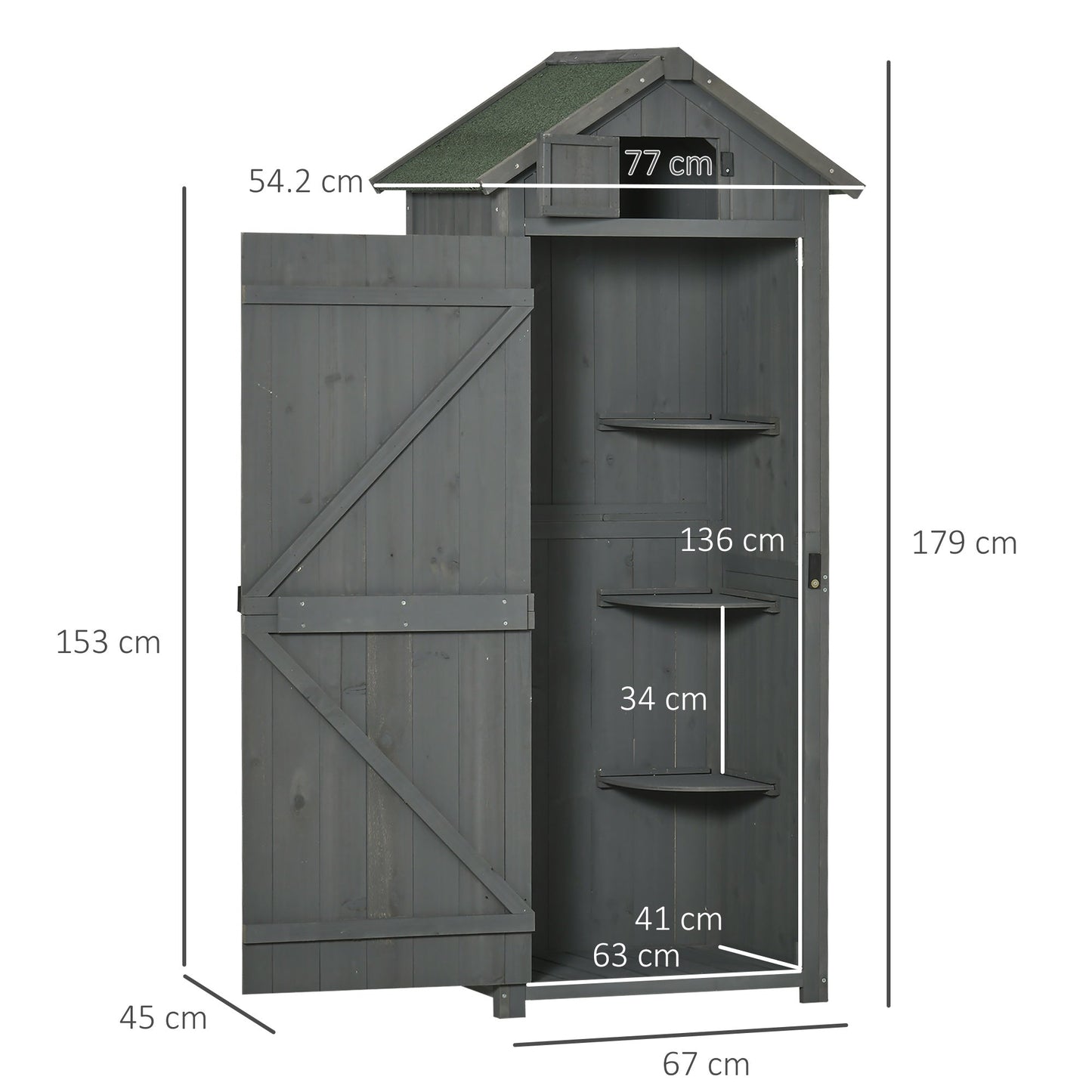 Diagram showing dimensions of grey fir garden cabinet with 3 shelves, Dimensions for rustic outdoor storage