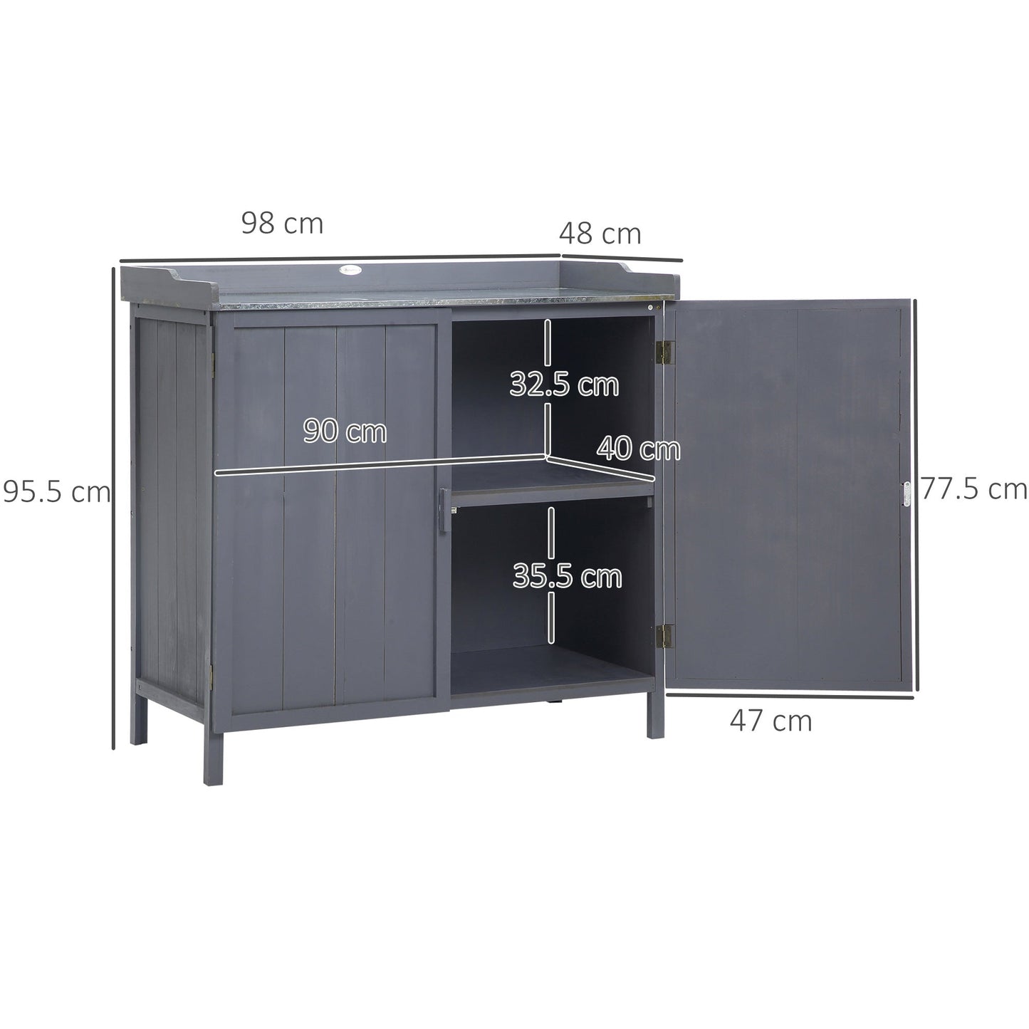 Dimensions of grey fir garden cabinet with galvanised tabletop, approx. 38.5" W × 18.9" D × 37.6" H for rustic outdoor storage