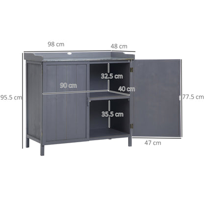 Dimensions of grey fir garden cabinet with galvanised tabletop, approx. 38.5" W × 18.9" D × 37.6" H for rustic outdoor storage