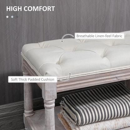 Side view of cream linen bench with button-tufted seat and single hidden shelf, part of The Haddon Hall Welcome collection by The Timeless Trading Co.