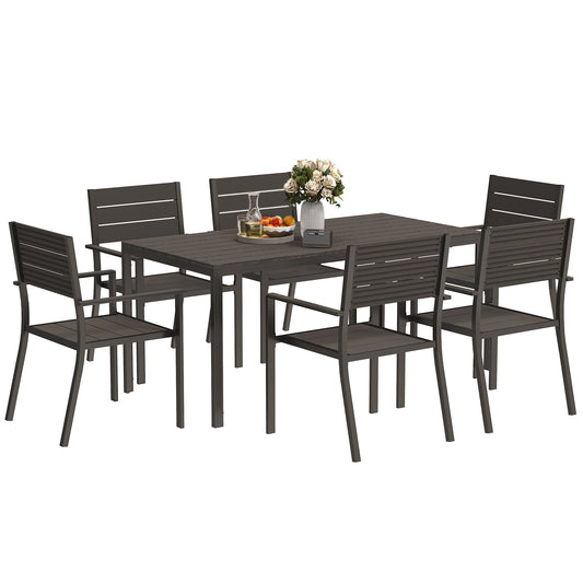 The Hardwick Gathering 7-piece garden dining set with dark brown HDPE slatted table and six stackable steel-frame chairs, shown against a plain background in full layout