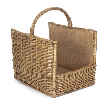 Empty antique wash wicker log basket with open-end design, handwoven in willow 