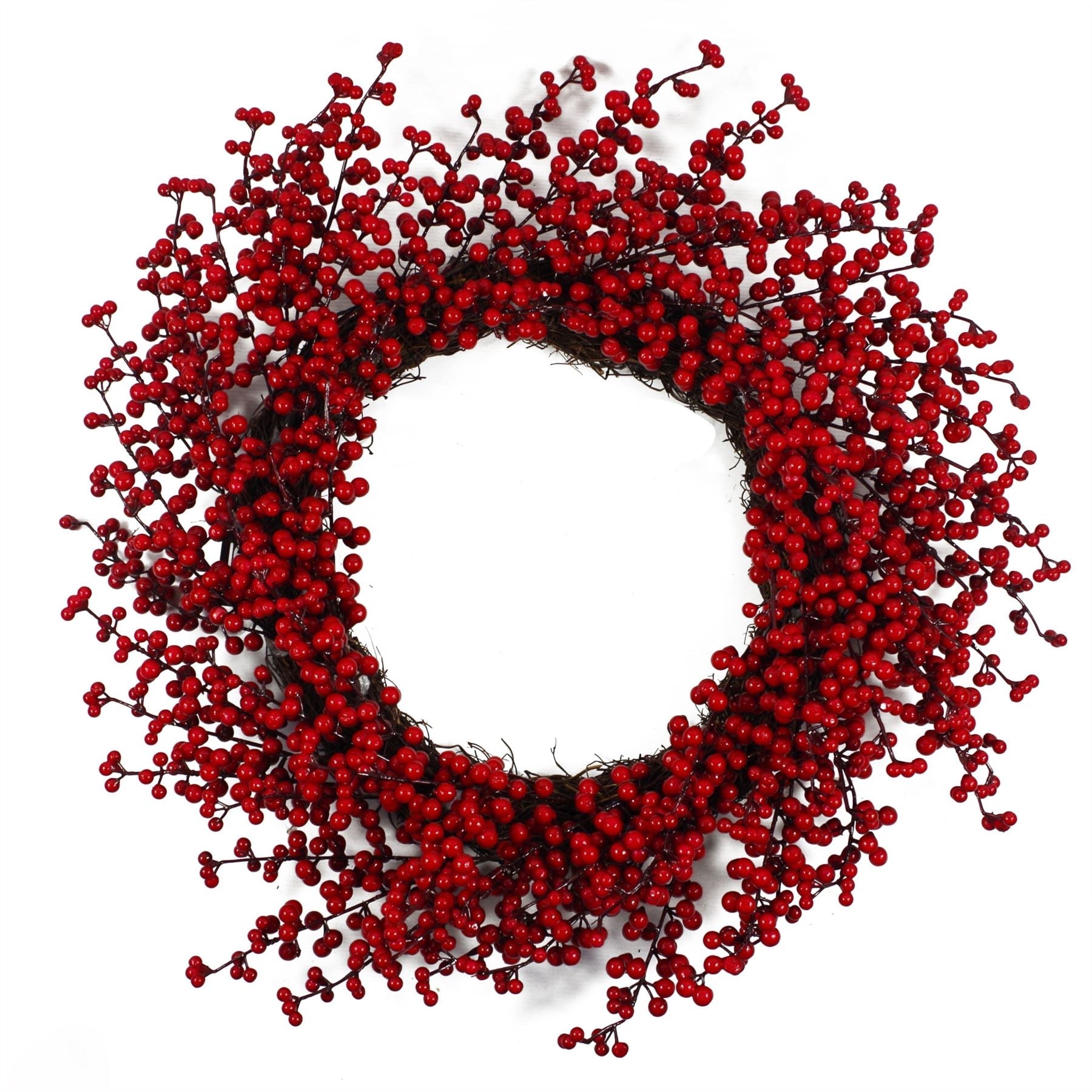 Large red berry Christmas wreath with green foliage, round botanical garland in heritage winter style