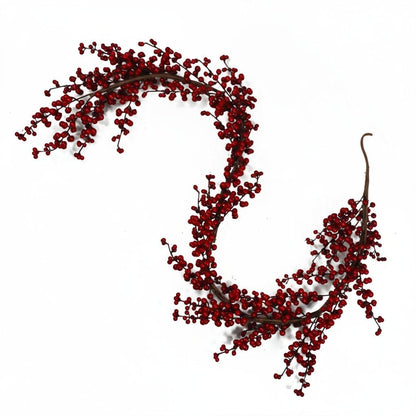 Red berry Christmas garland 150cm with green foliage on white background, rustic botanical festive style