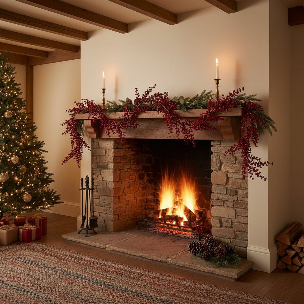Red berry Christmas garland 150cm styled on country fireplace mantel with festive foliage and rustic charm