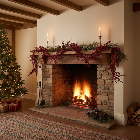 Red berry Christmas garland 150cm styled on country fireplace mantel with festive foliage and rustic charm