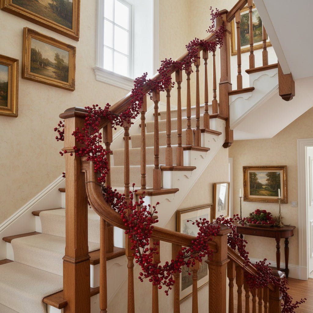 Red berry garland 150cm wrapped around stair banisters joined together to create festive foliage, rustic Christmas styling, and botanical charm