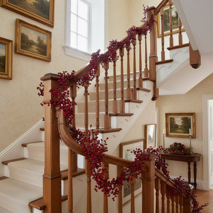 Red berry garland 150cm wrapped around stair banisters joined together to create festive foliage, rustic Christmas styling, and botanical charm
