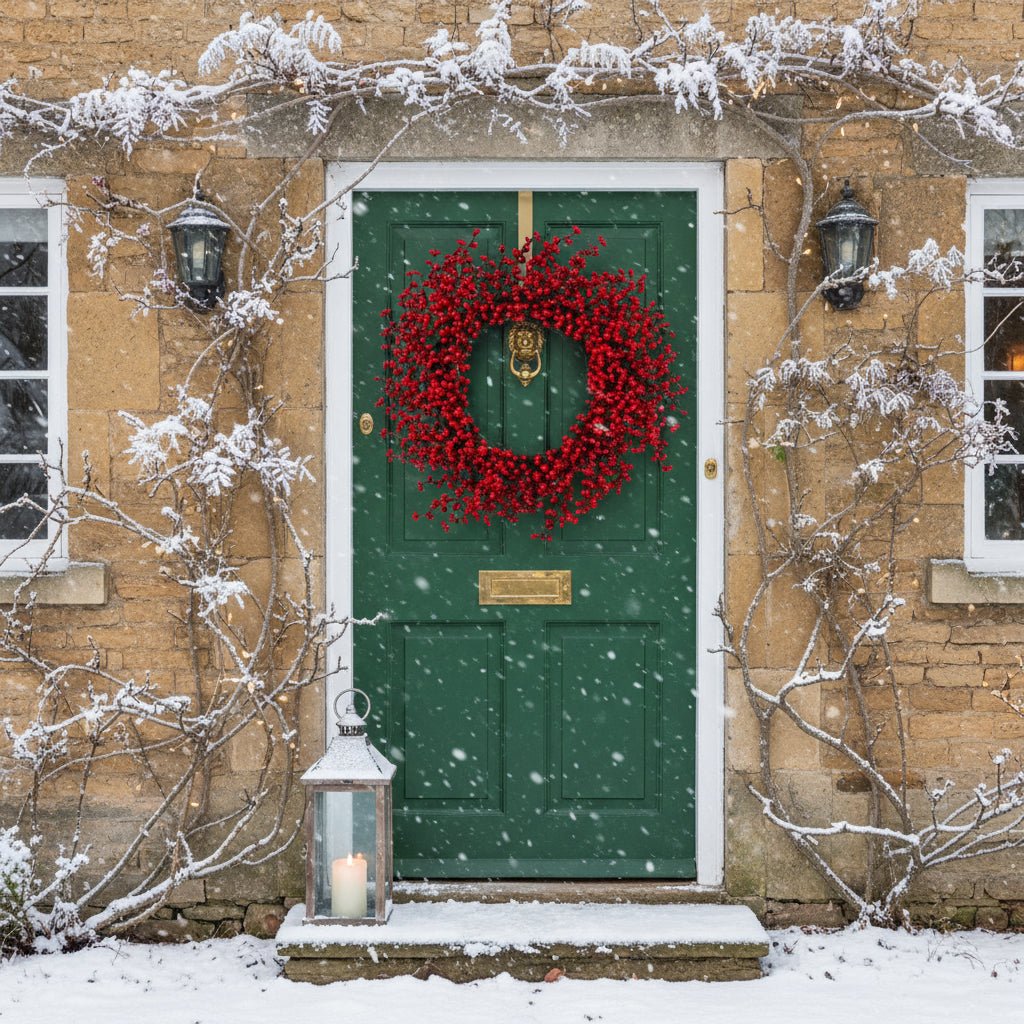 Red berry Christmas wreath on green country door with frosted ivy and winter foliage