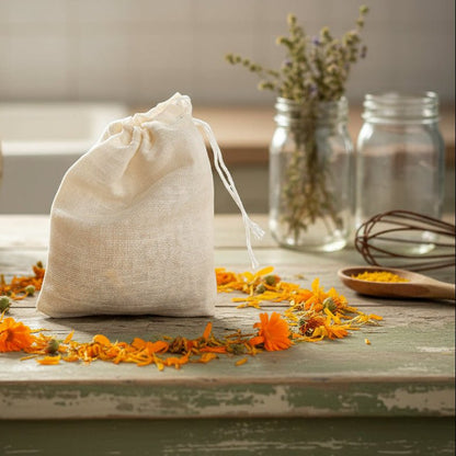 Herbal scent and mineral salt sachet on rustic tabletop with calendula petals scattered around