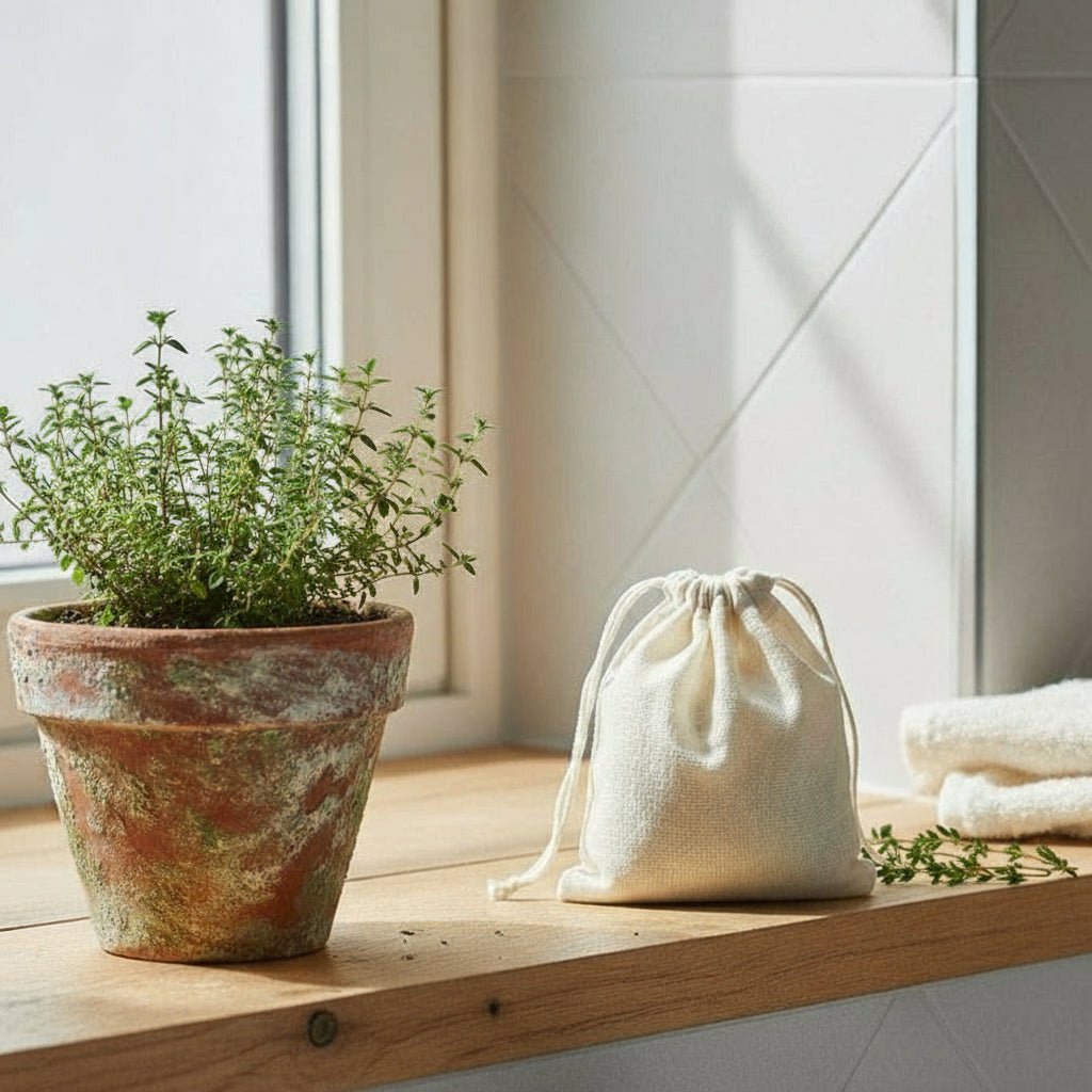 Herbal scent and mineral salt sachet on windowsill beside potted thyme, natural linen pouch for freshening spaces