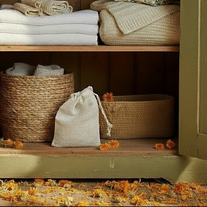 Set of herbal scent and mineral salt sachets in linen cupboard with calendula petals scattered around
