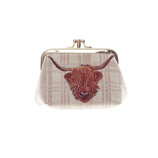 Highland Cow Frame Purse tapestry coin purse displayed alone on plain white background