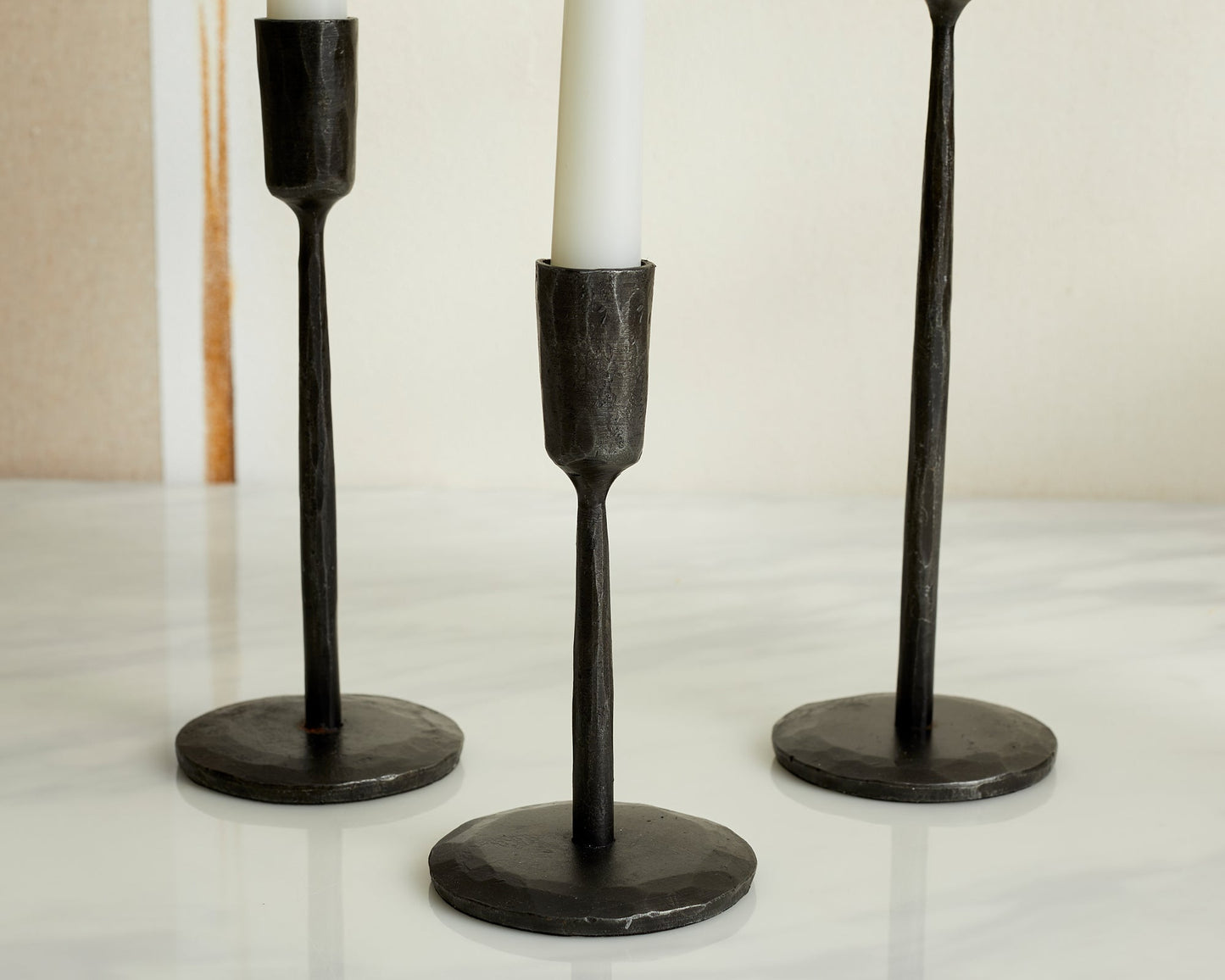 Keswick iron candle trio wrought black holders set closer view showing detail and finish
