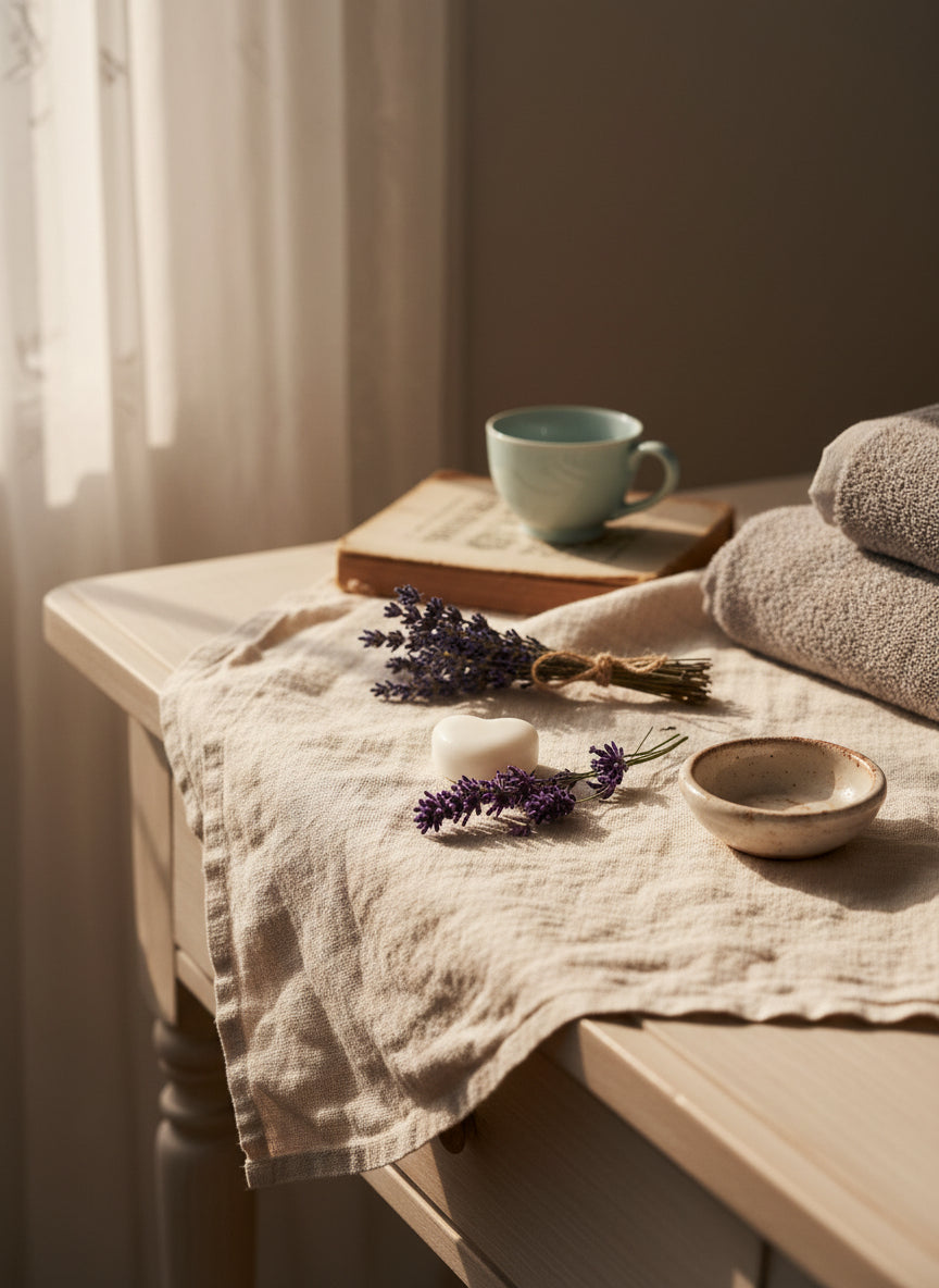 Single lavender ylang ylang wax melt with organic essential oils displayed on rustic table
